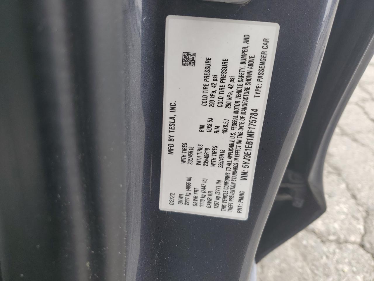 5YJ3E1EB1NF175784 2022 Tesla Model 3