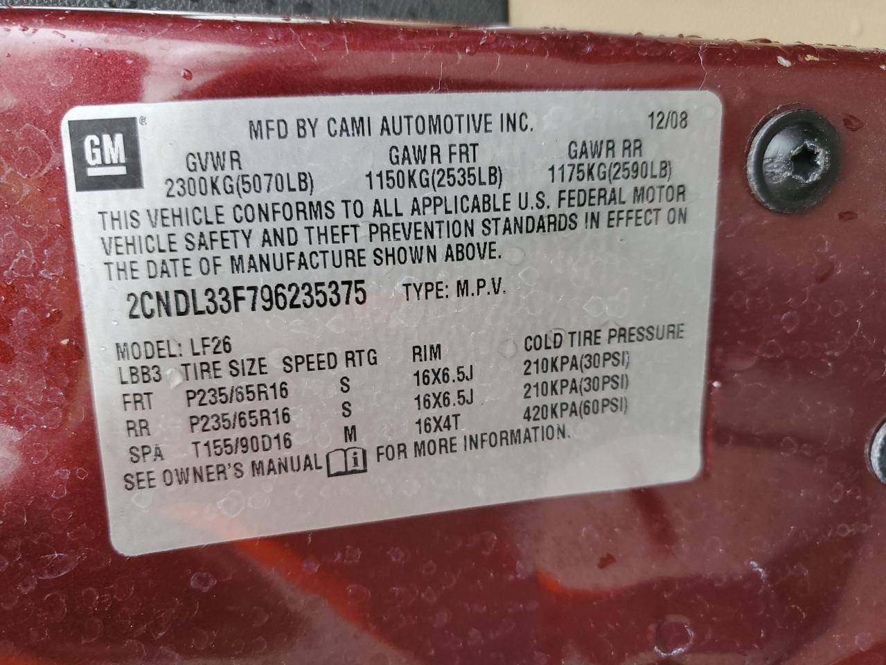 2CNDL33F796235375 2009 Chevrolet Equinox Lt