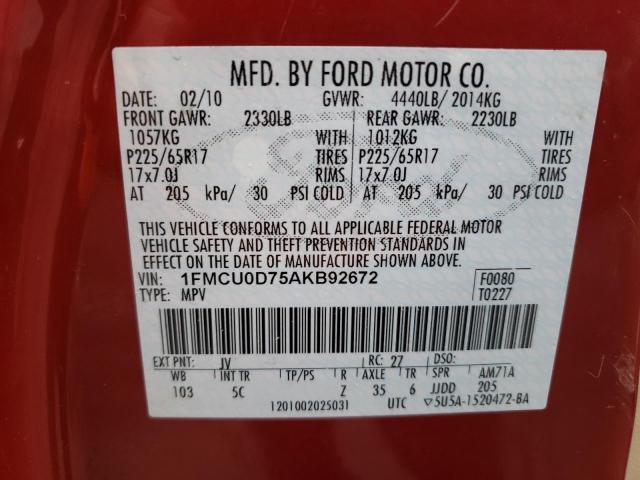 2010 Ford Escape Xlt VIN: 1FMCU0D75AKB92672 Lot: 49578494