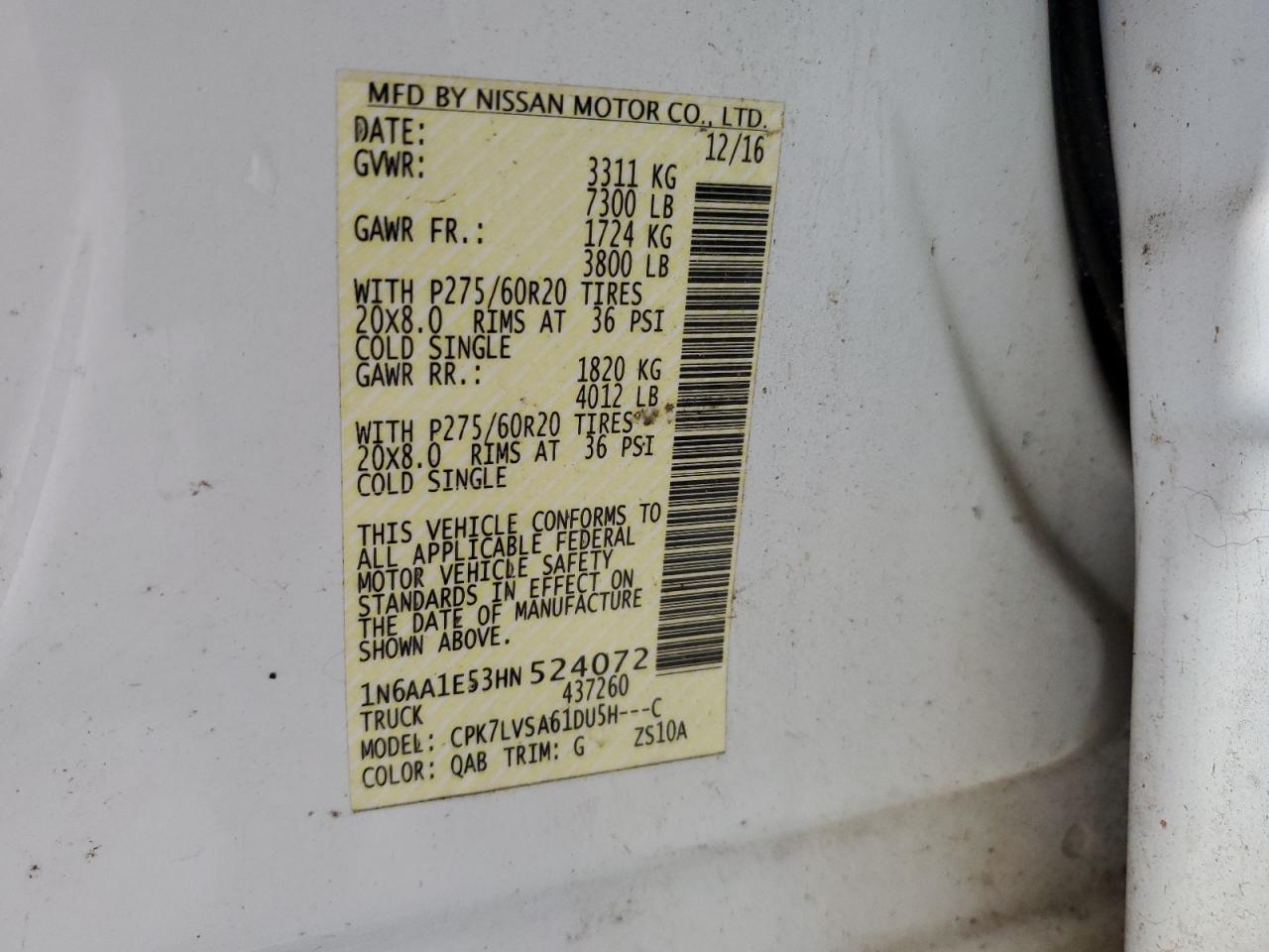 1N6AA1E53HN524072 2017 Nissan Titan Sv