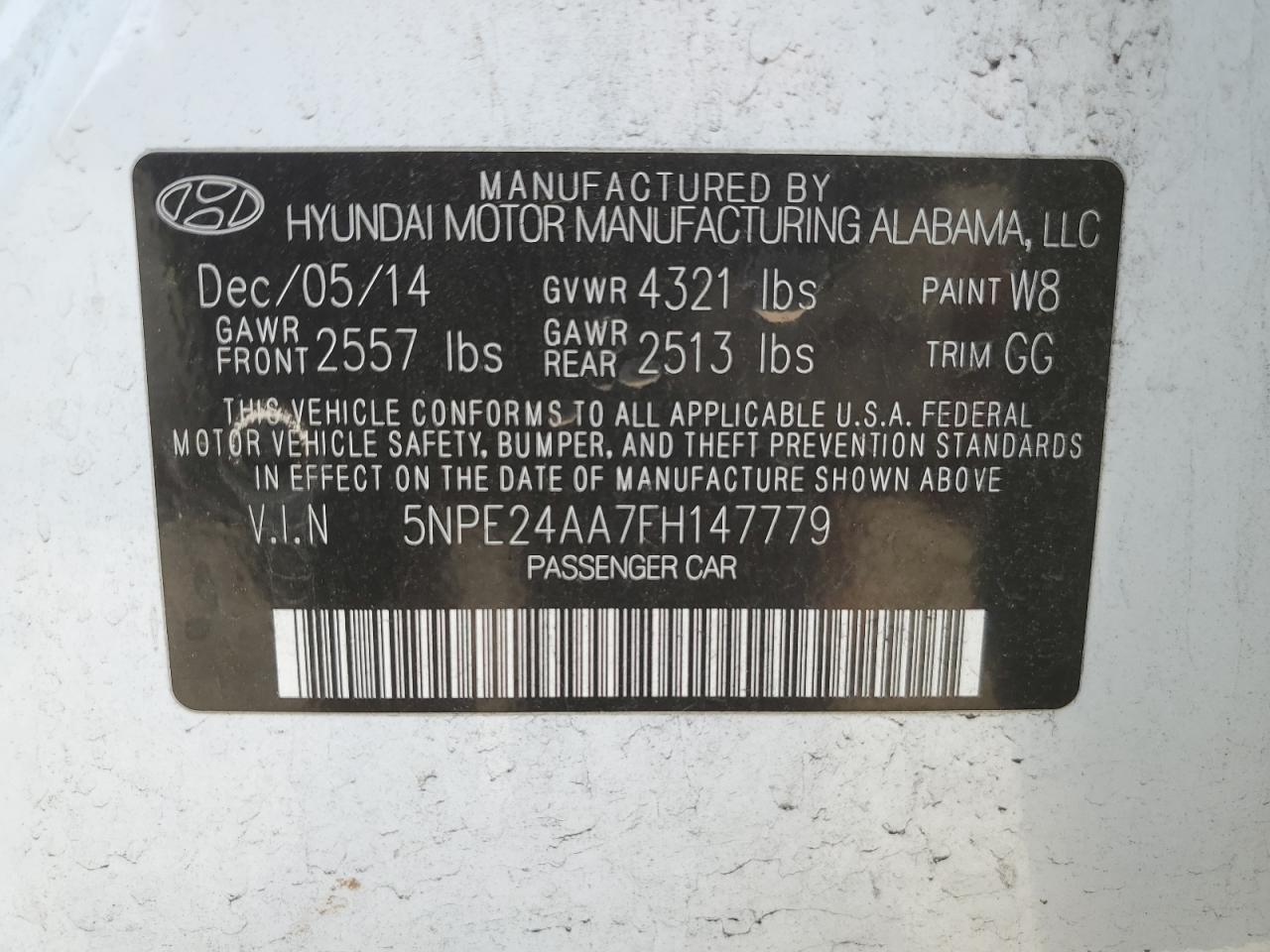 5NPE24AA7FH147779 2015 Hyundai Sonata Eco