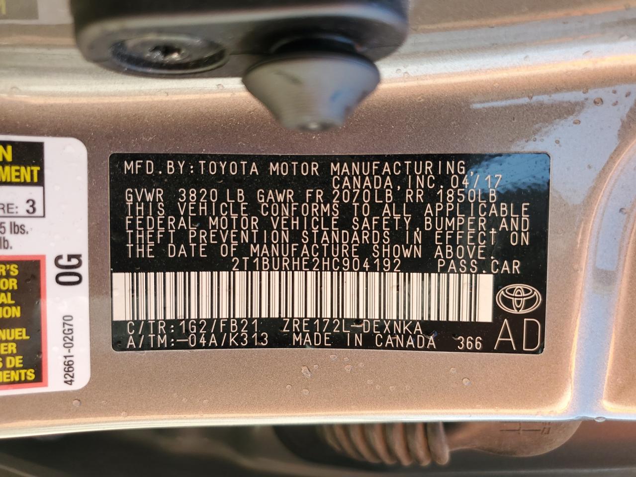 2T1BURHE2HC904192 2017 Toyota Corolla L