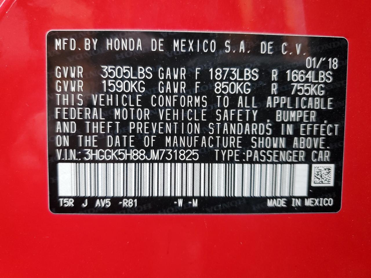 3HGGK5H88JM731825 HONDA FIT 2018