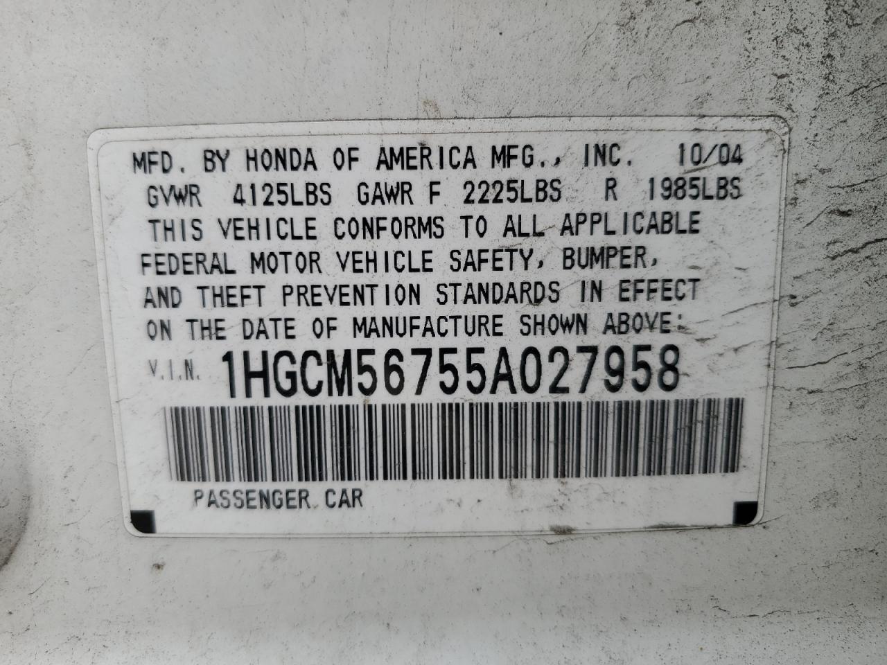 1HGCM56755A027958 2005 Honda Accord Ex