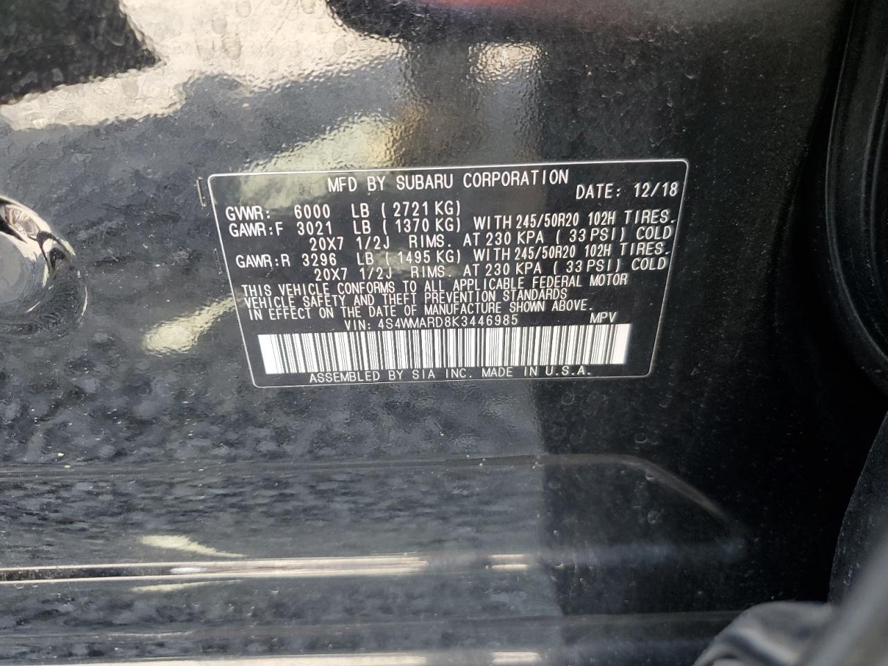 4S4WMARD8K3446985 2019 Subaru Ascent Touring