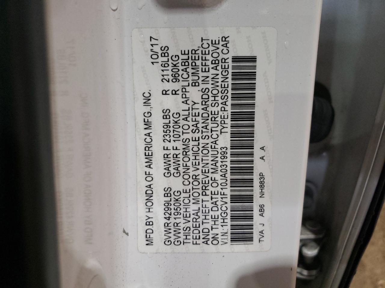 1HGCV1F10JA031993 2018 Honda Accord Lx