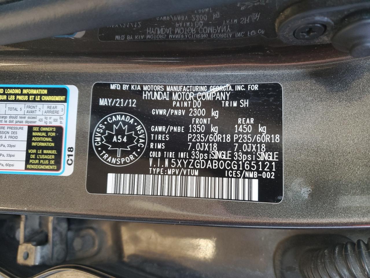 5XYZGDAB0CG165121 2012 Hyundai Santa Fe Gls