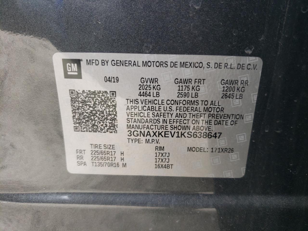 3GNAXKEV1KS638647 2019 Chevrolet Equinox Lt