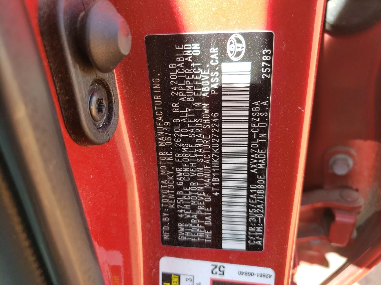 4T1B11HK7KU272246 2019 Toyota Camry L