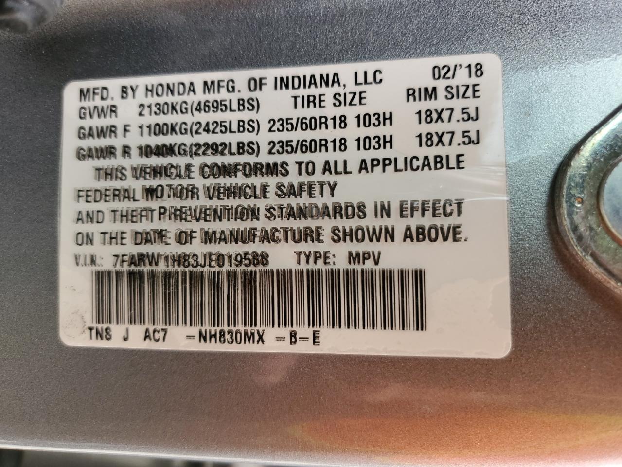 7FARW1H83JE019588 2018 Honda Cr-V Exl