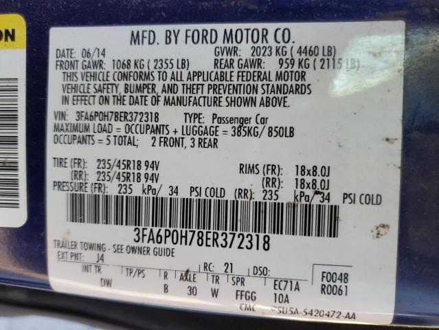 2014 Ford Fusion Se VIN: 3FA6P0H78ER372318 Lot: 52307164