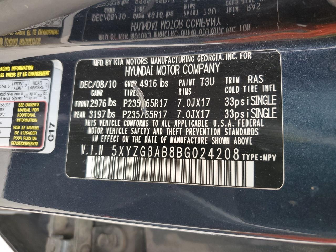 5XYZG3AB8BG024208 2011 Hyundai Santa Fe Gls
