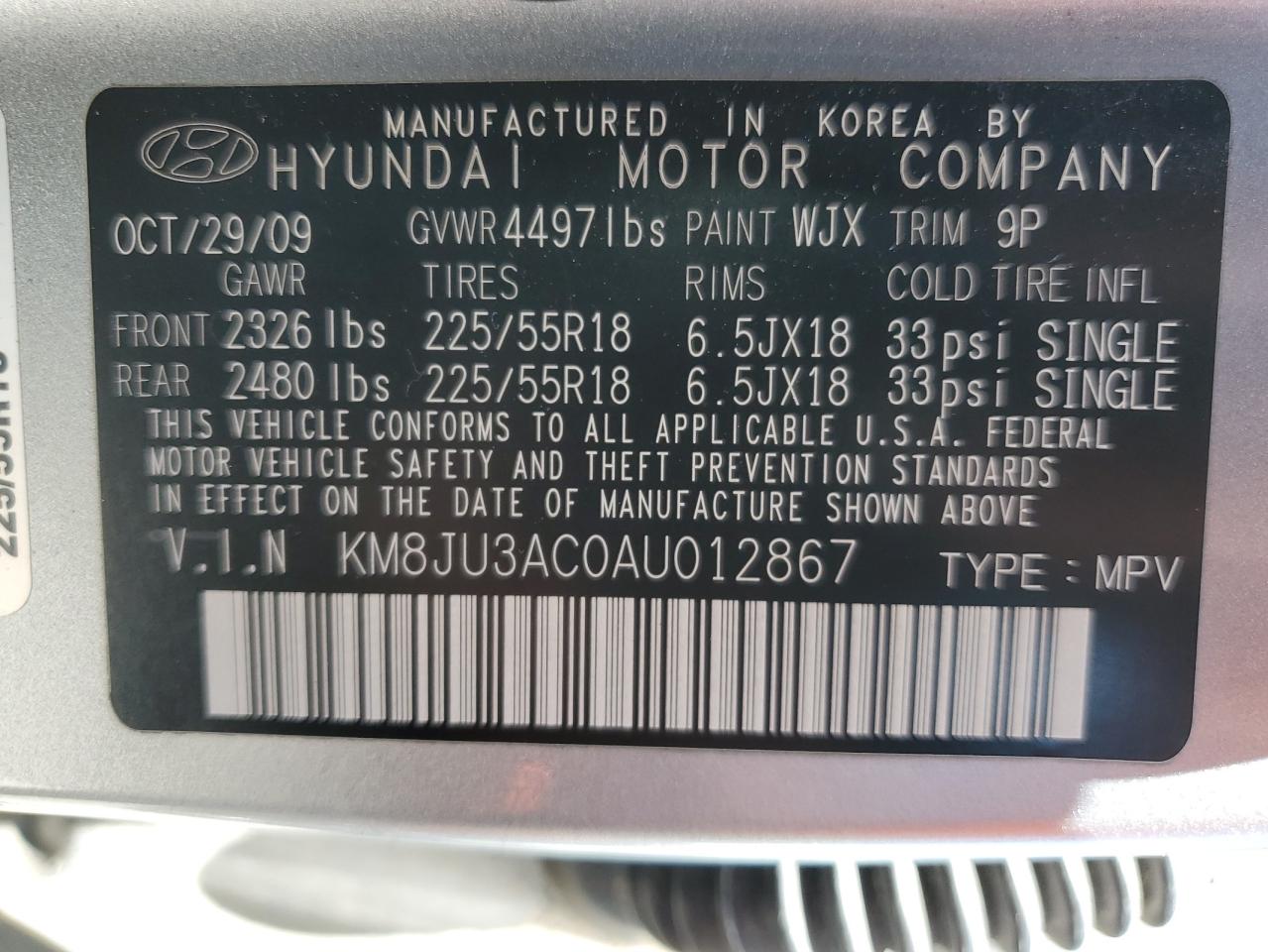KM8JU3AC0AU012867 2010 Hyundai Tucson Gls