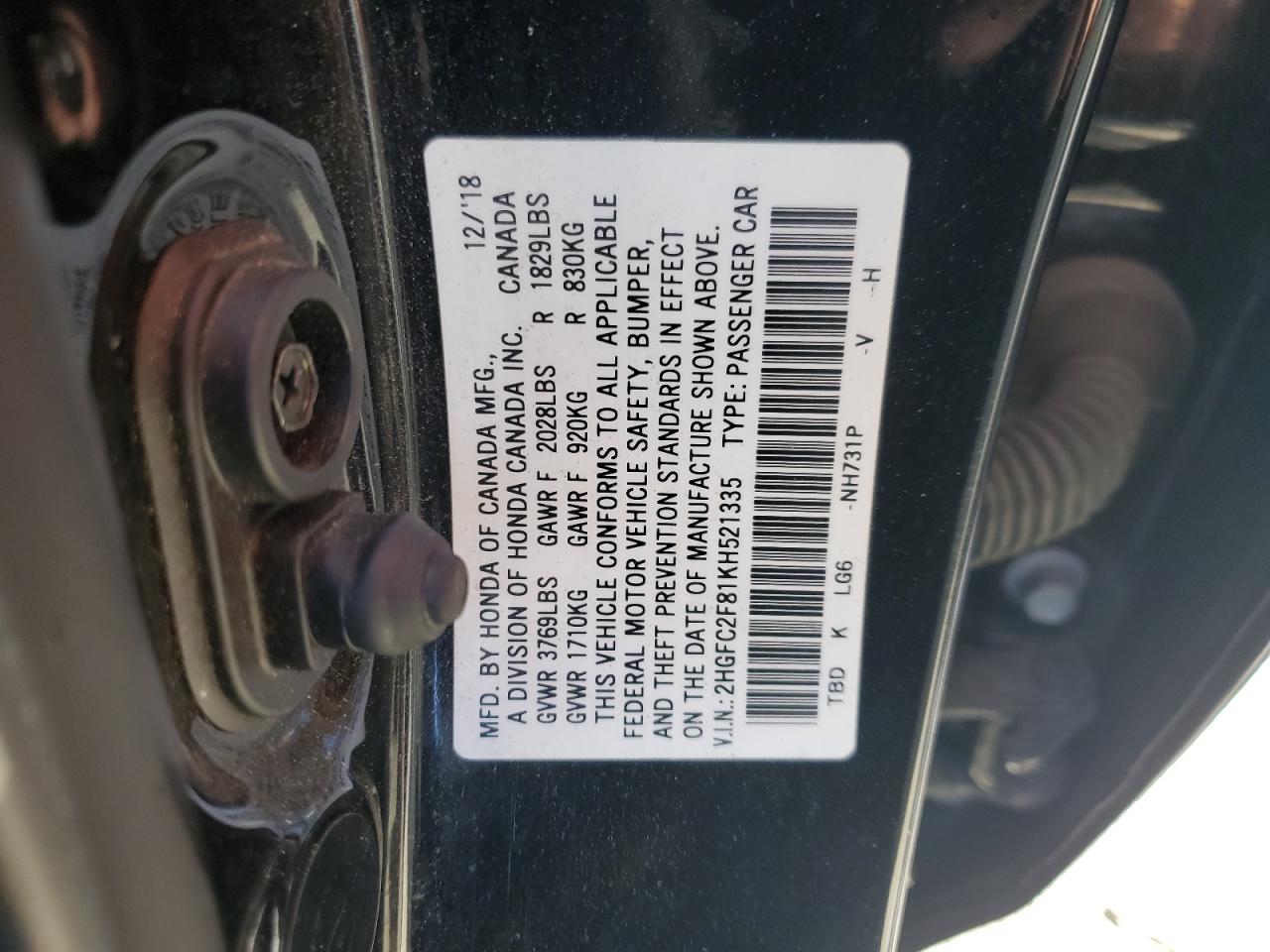 2HGFC2F81KH521335 2019 Honda Civic Sport