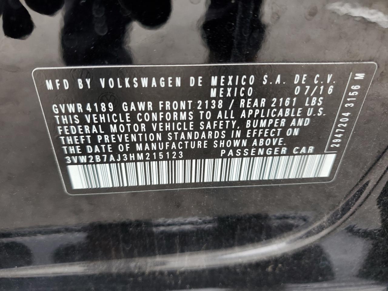 3VW2B7AJ3HM215123 2017 Volkswagen Jetta S