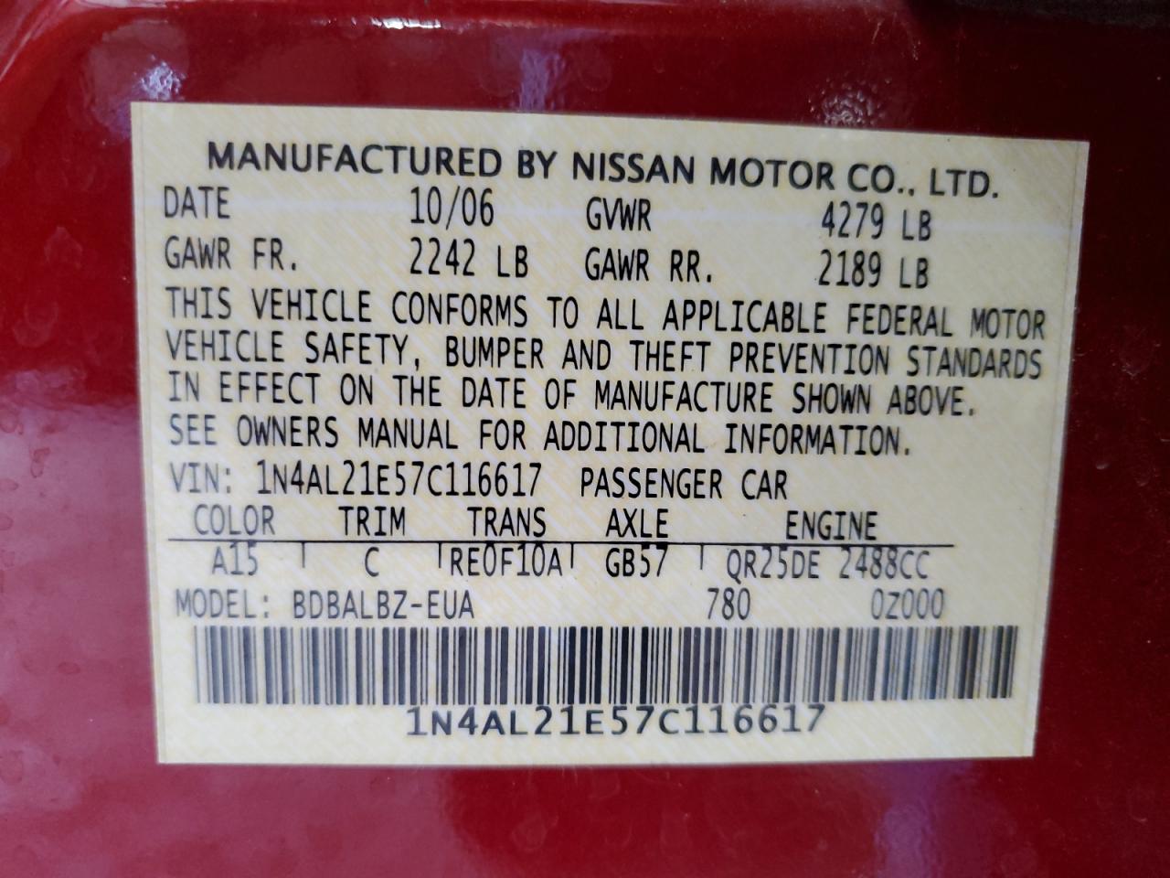 1N4AL21E57C116617 2007 Nissan Altima 2.5