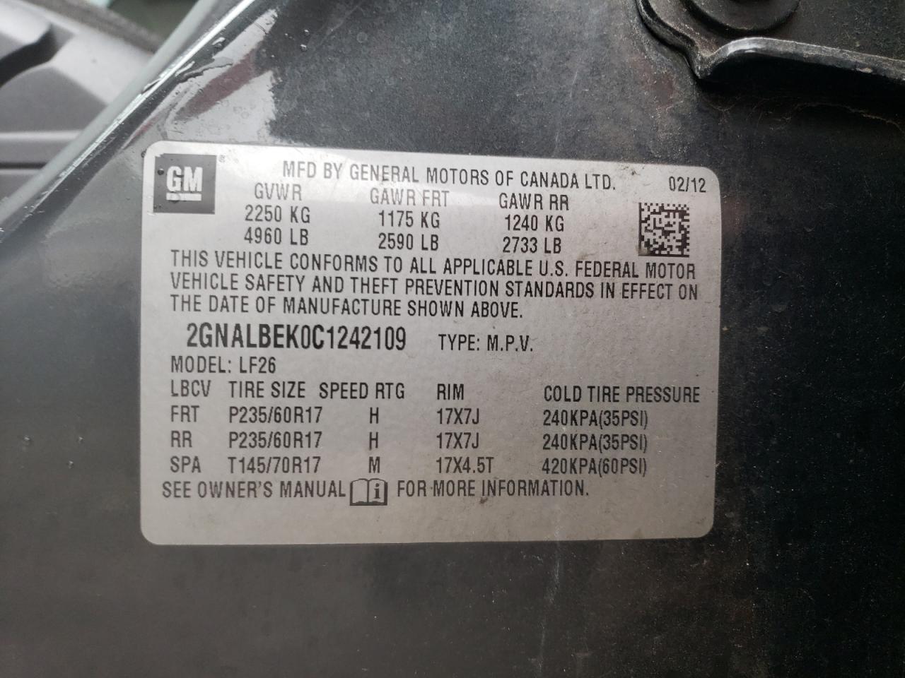 2GNALBEK0C1242109 2012 Chevrolet Equinox Ls