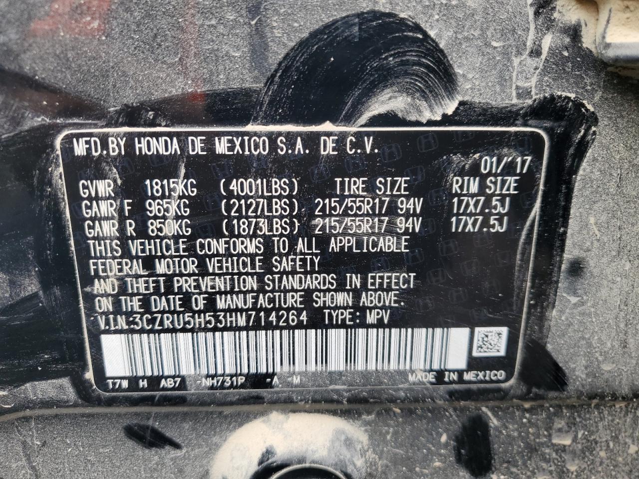 3CZRU5H53HM714264 2017 Honda Hr-V Ex