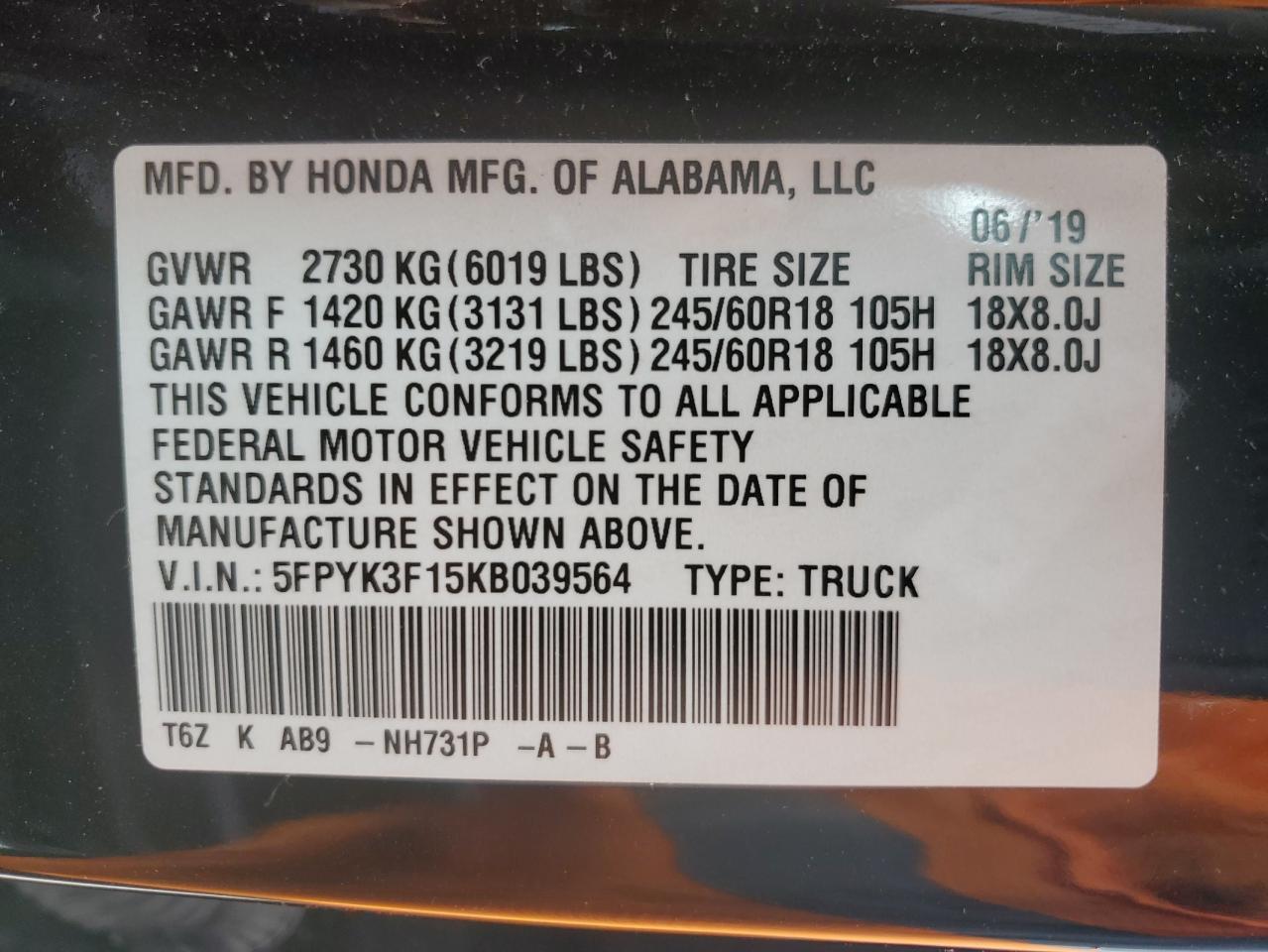 5FPYK3F15KB039564 2019 Honda Ridgeline Sport