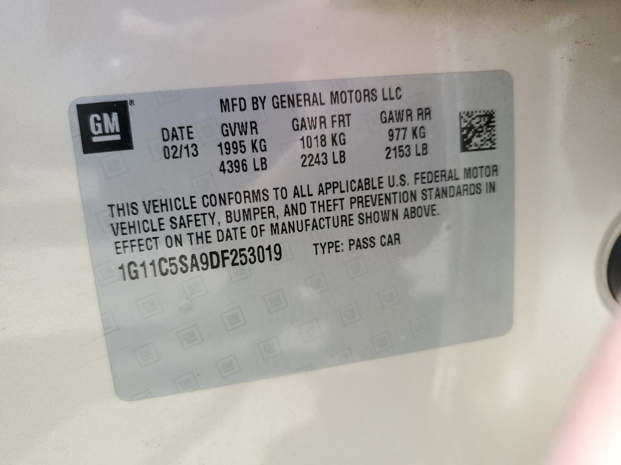 1G11C5SA9DF253019 2013 Chevrolet Malibu 1Lt