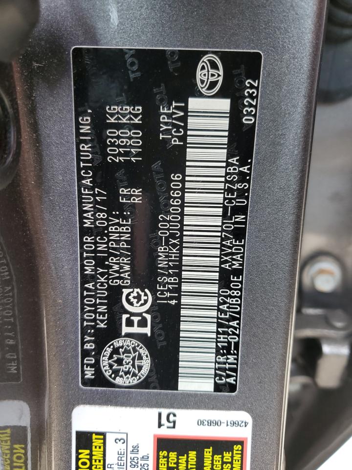 4T1B11HKXJU006606 2018 Toyota Camry L