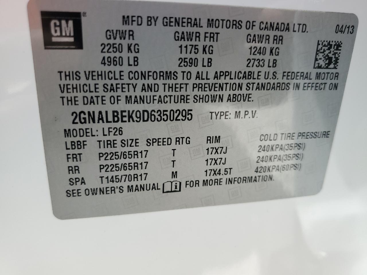 2GNALBEK9D6350295 2013 Chevrolet Equinox Ls