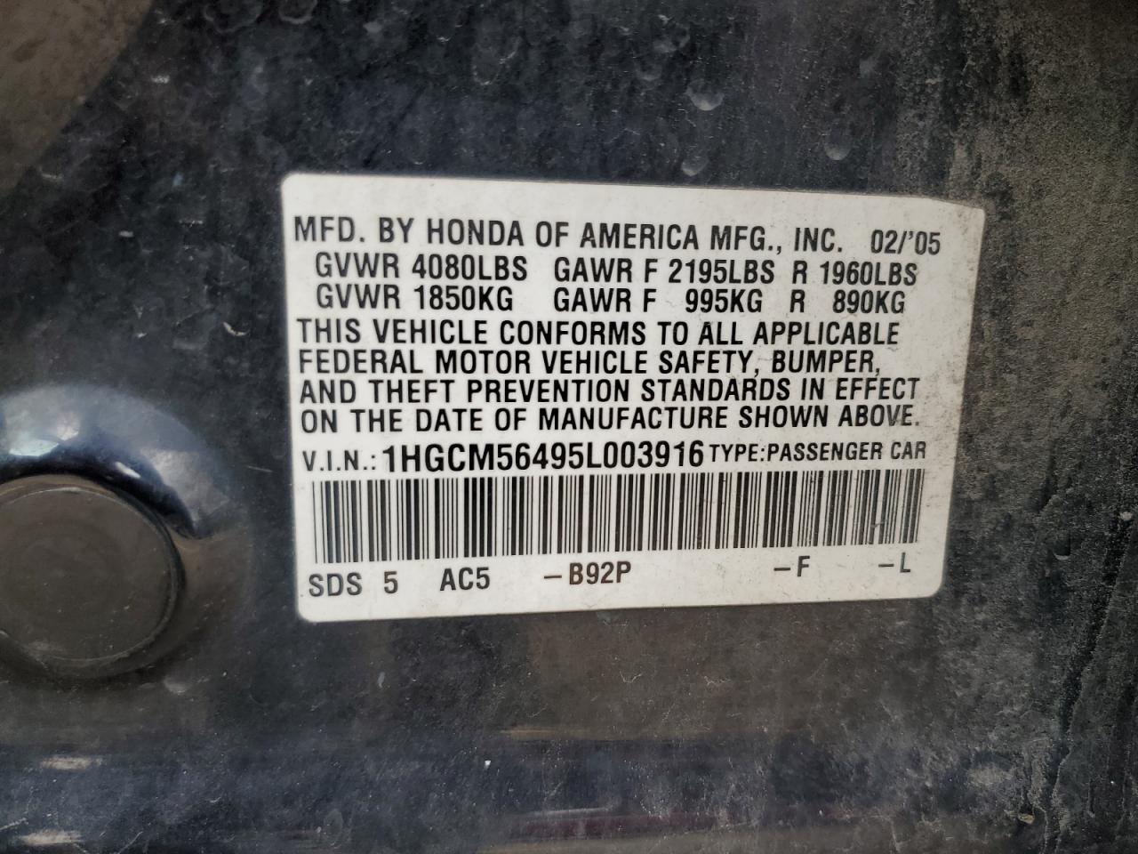 1HGCM56495L003916 2005 Honda Accord Lx