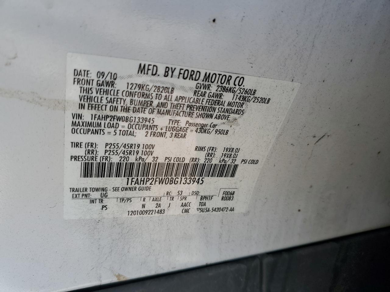 1FAHP2FW0BG133945 2011 Ford Taurus Limited