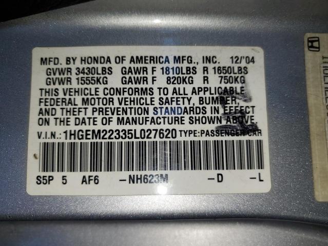 2005 Honda Civic Dx Vp VIN: 1HGEM22335L027620 Lot: 52466174