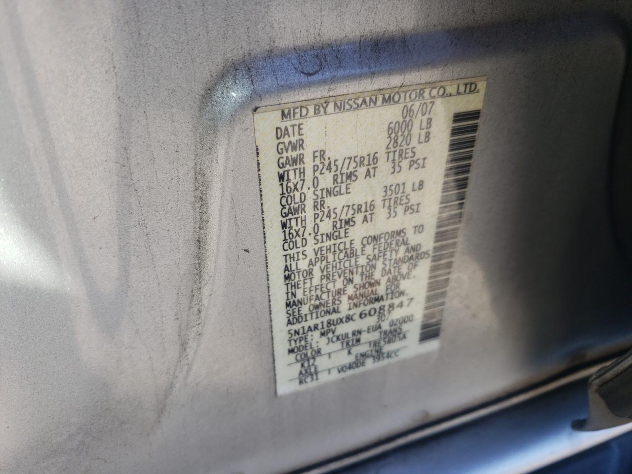 5N1AR18UX8C608847 2008 Nissan Pathfinder S