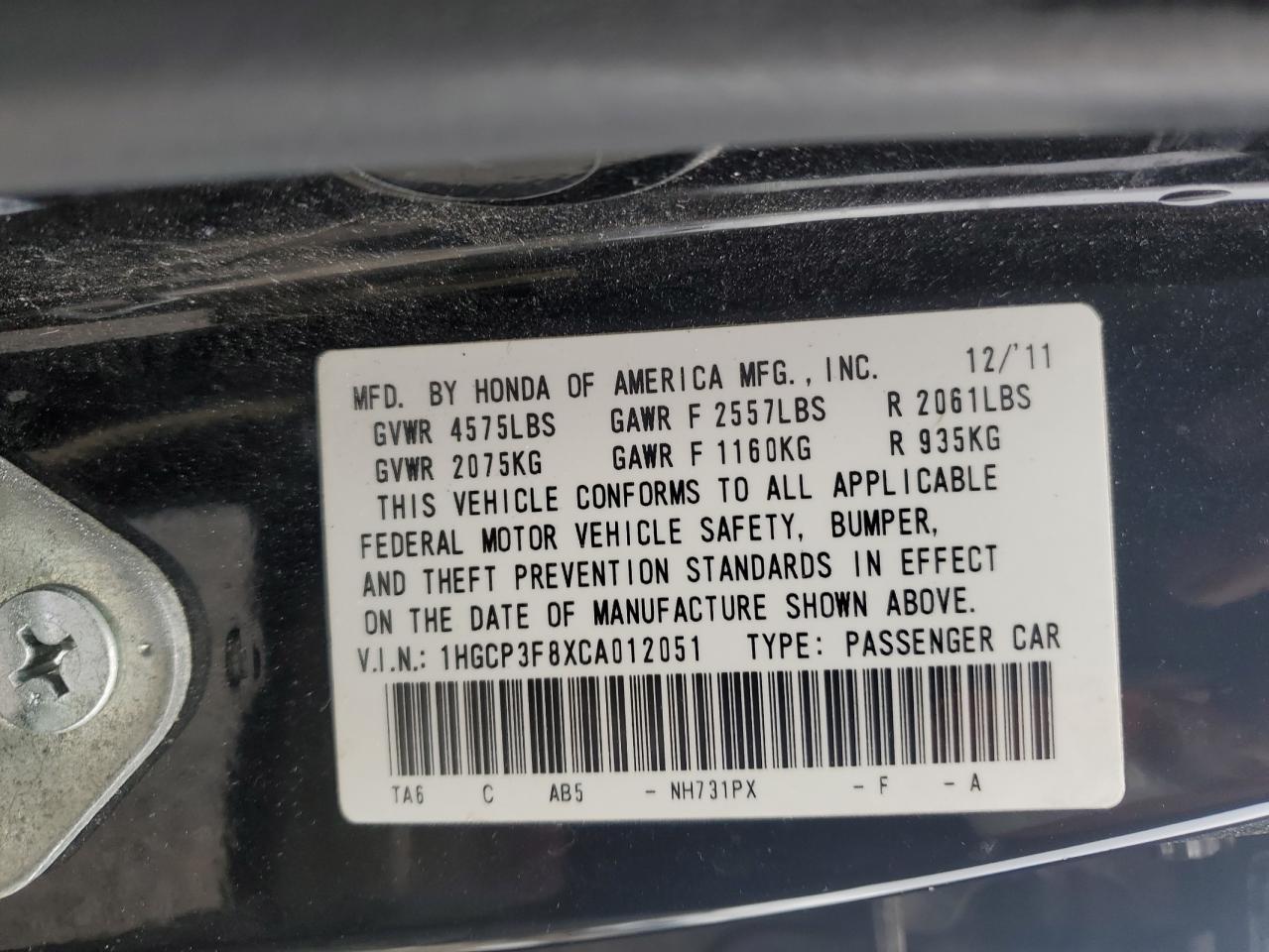 1HGCP3F8XCA012051 2012 Honda Accord Exl