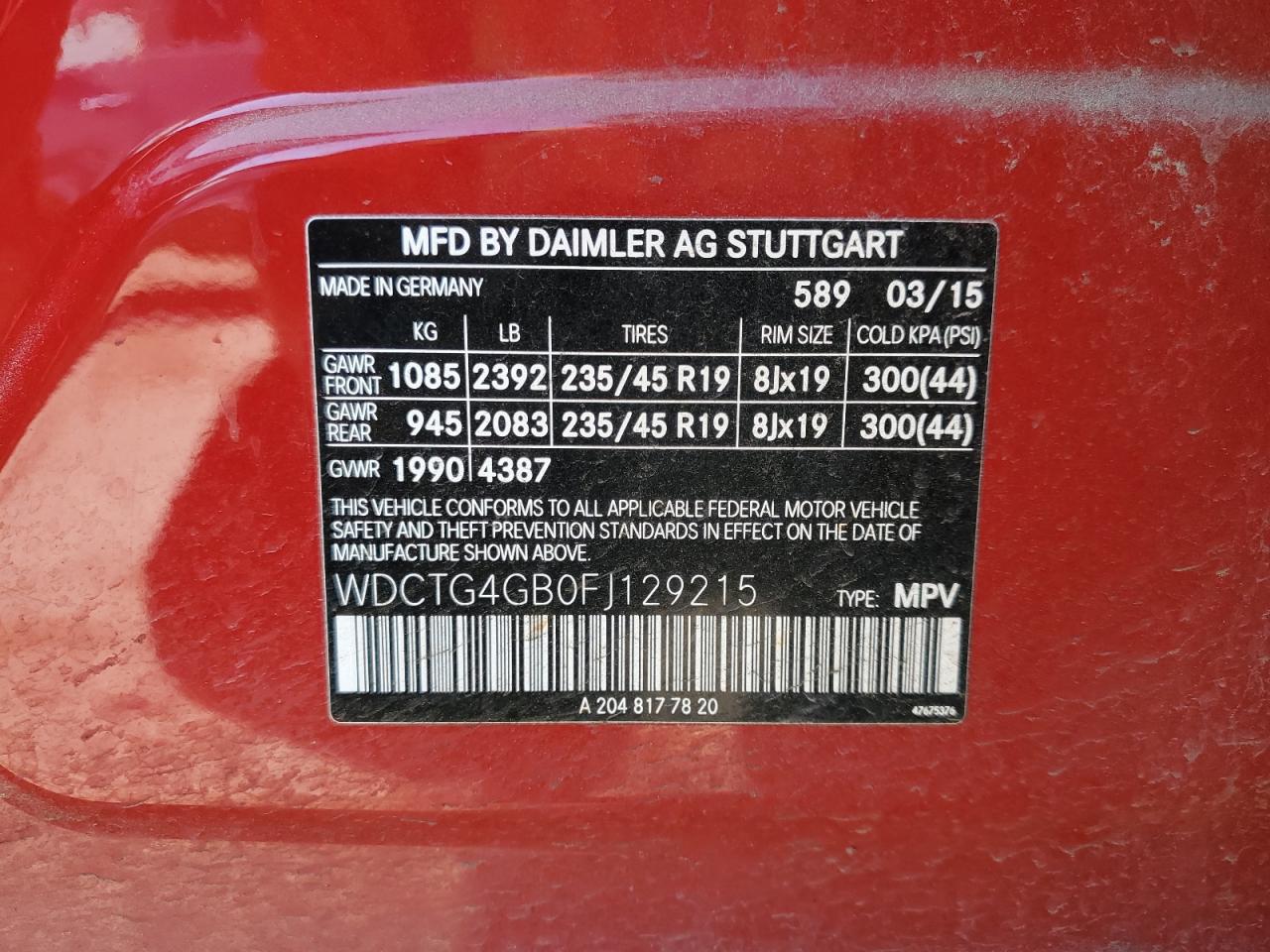 WDCTG4GB0FJ129215 2015 Mercedes-Benz Gla 250 4Matic