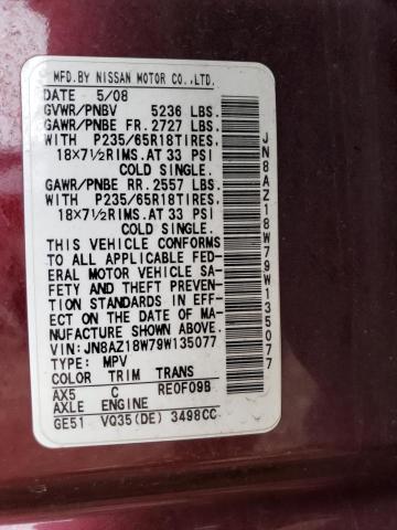 2009 Nissan Murano S VIN: JN8AZ18W79W135077 Lot: 50537014