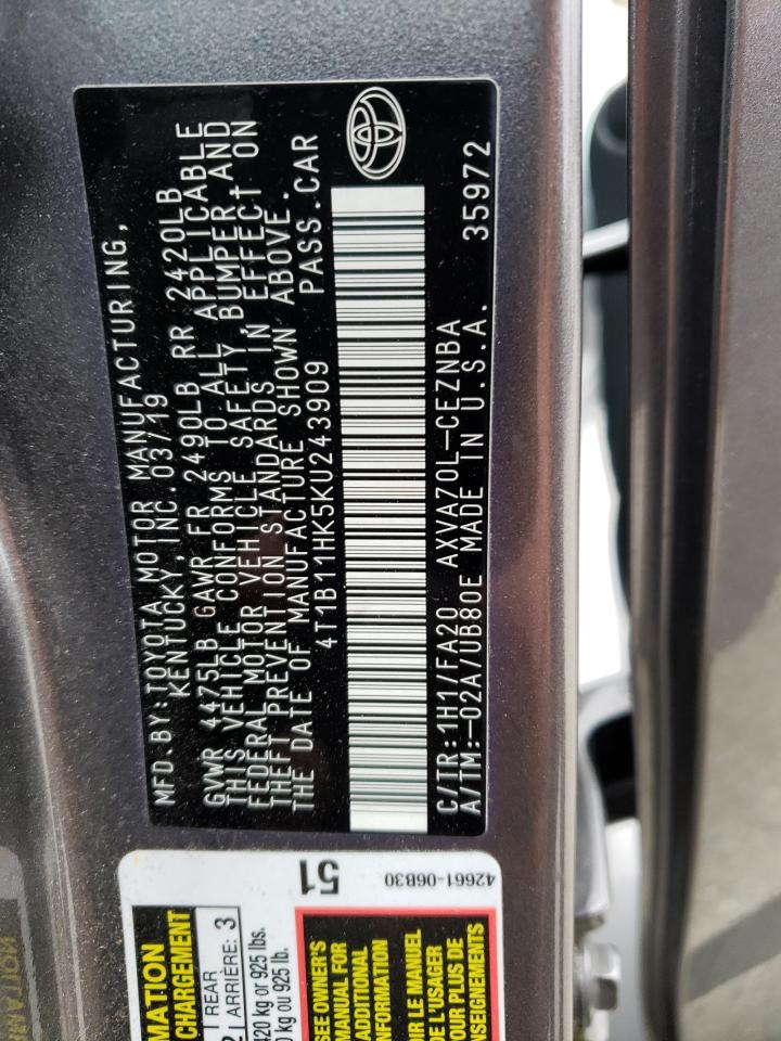 4T1B11HK5KU243909 2019 Toyota Camry L