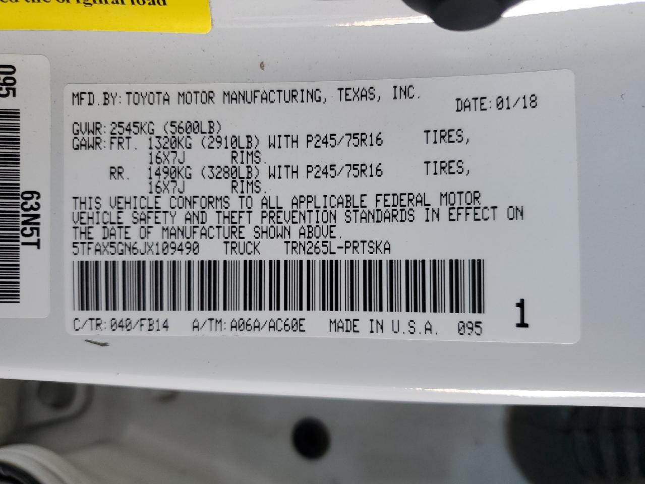 5TFAX5GN6JX109490 TOYOTA TACOMA 2018