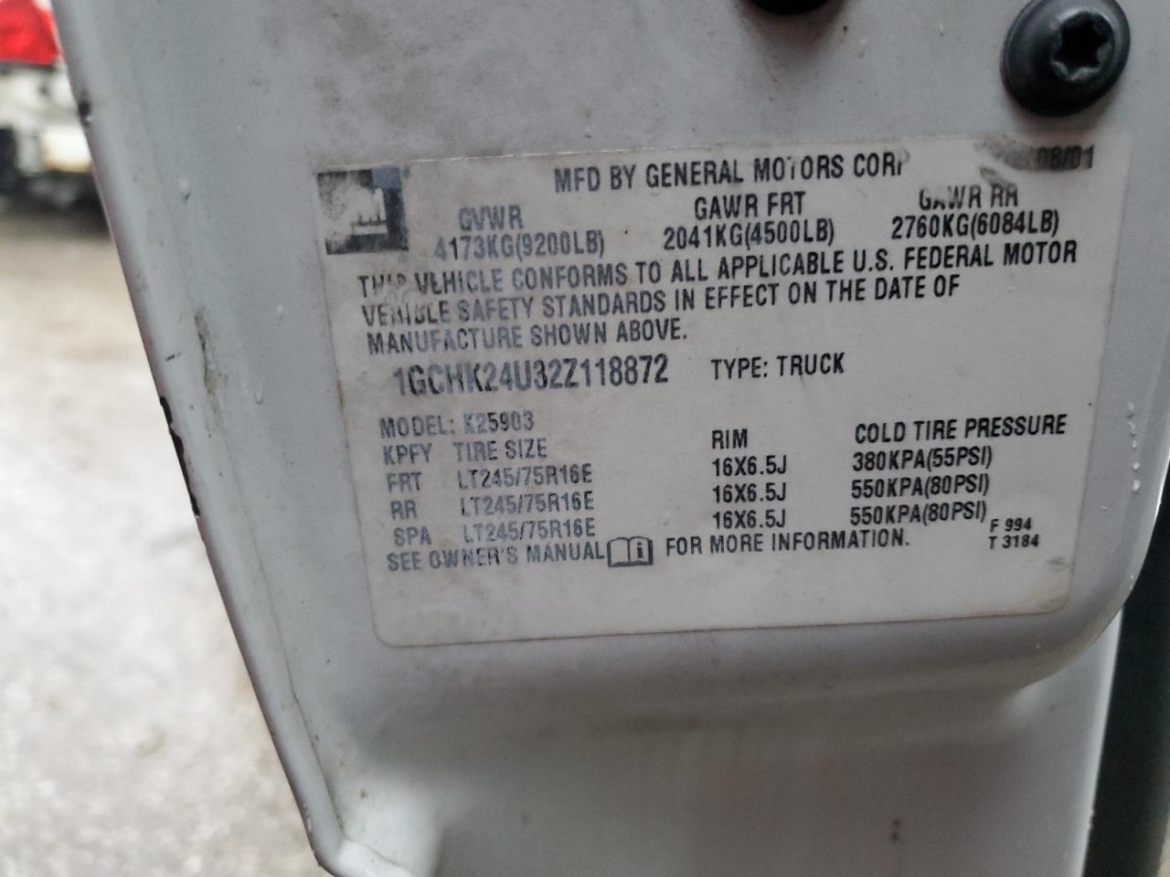 1GCHK24U32Z118872 2002 Chevrolet Silverado K2500 Heavy Duty