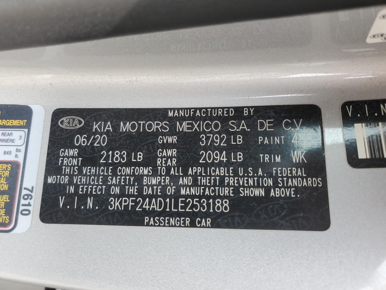3KPF24AD1LE253188 2020 Kia Forte Fe