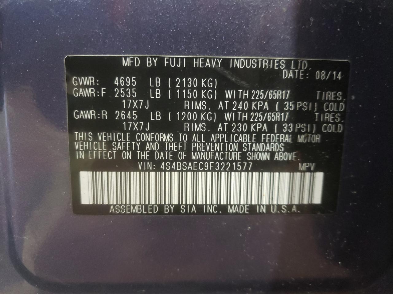 4S4BSAEC9F3221577 2015 Subaru Outback 2.5I Premium