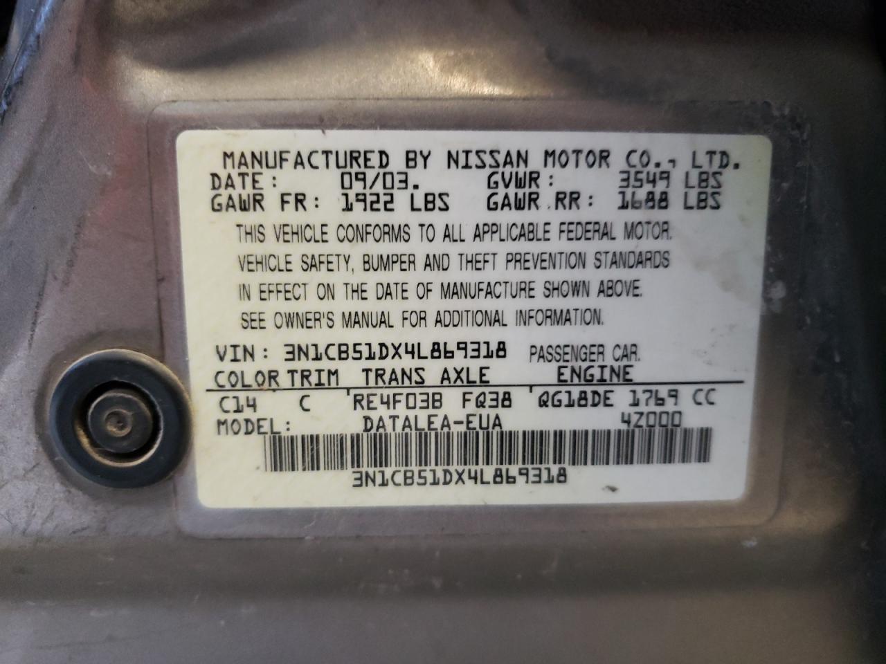 3N1CB51DX4L869318 2004 Nissan Sentra 1.8