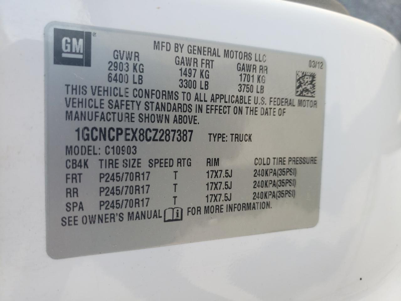 1GCNCPEX8CZ287387 2012 Chevrolet Silverado C1500