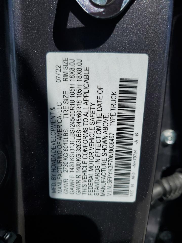 5FPYK3F70NB036497 2022 Honda Ridgeline Rtl