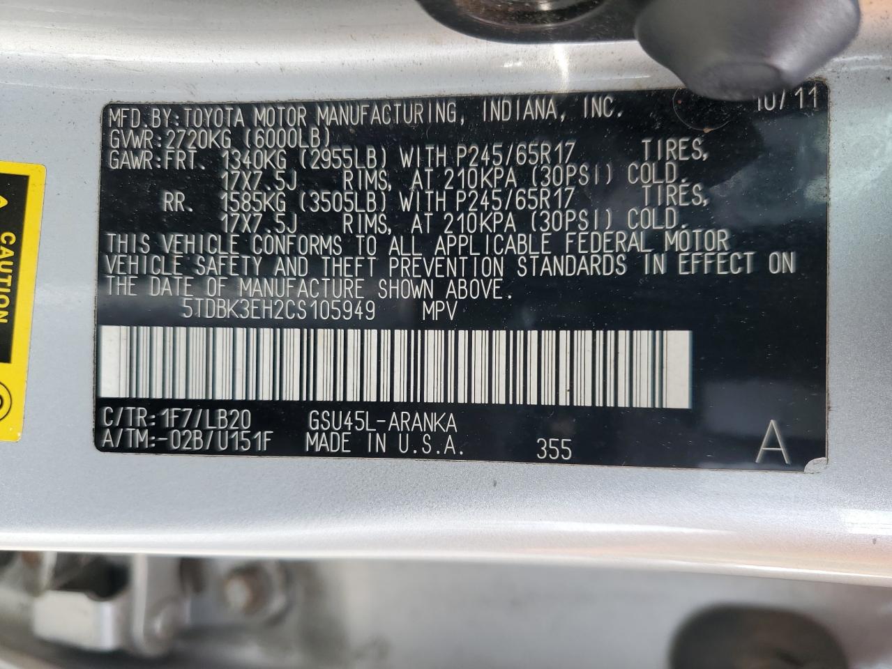 5TDBK3EH2CS105949 2012 Toyota Highlander Base