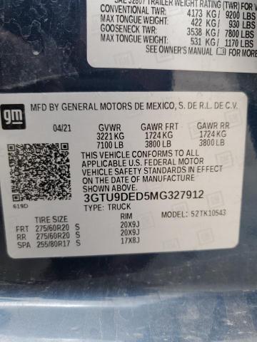 2021 GMC Sierra K1500 Slt VIN: 3GTU9DED5MG327912 Lot: 52091354