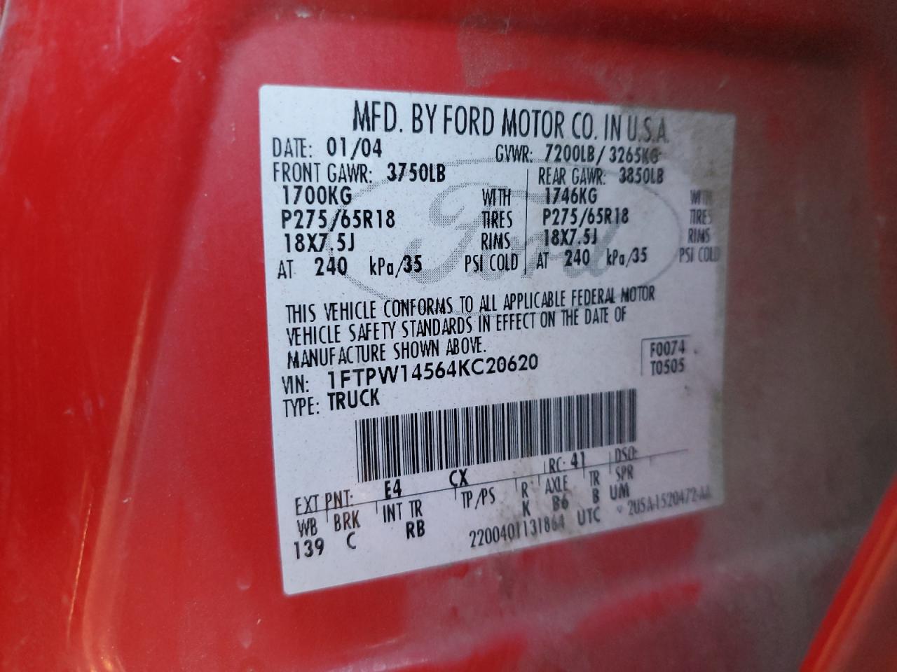 1FTPW14564KC20620 2004 Ford F150 Supercrew 1FTPW14564KC20620 2004 Ford F150 Supercrew