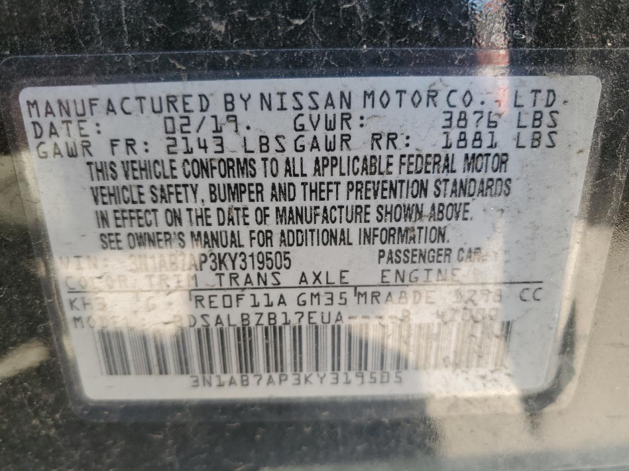 3N1AB7AP3KY319505 2019 Nissan Sentra S