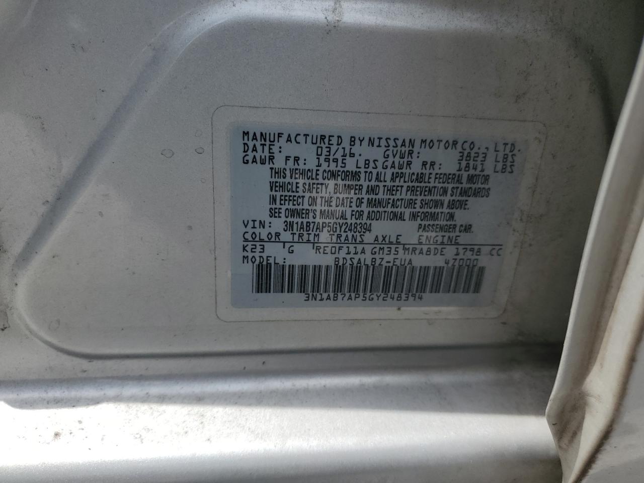 3N1AB7AP5GY248394 2016 Nissan Sentra S