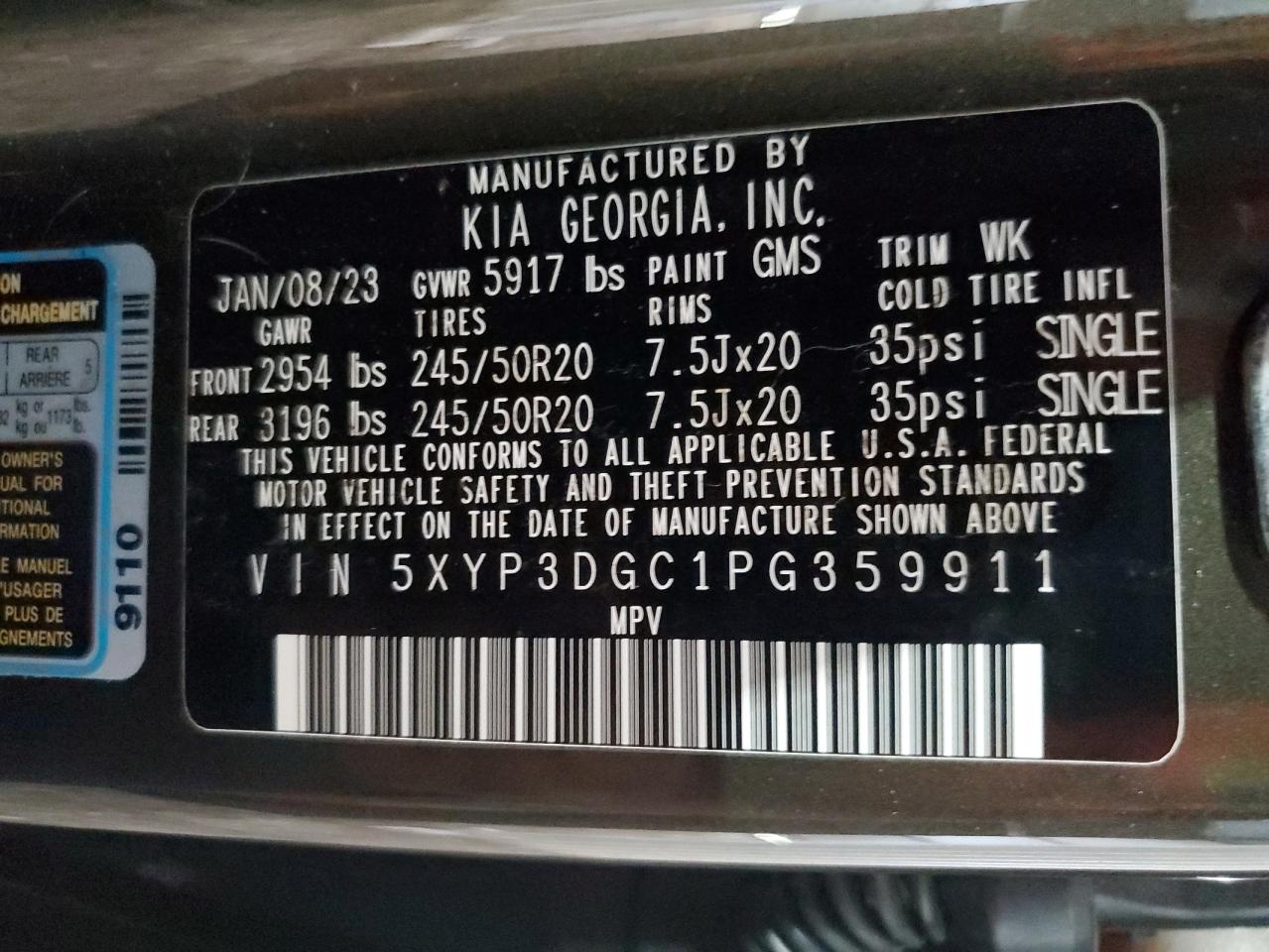 5XYP3DGC1PG359911 2023 Kia Telluride Ex