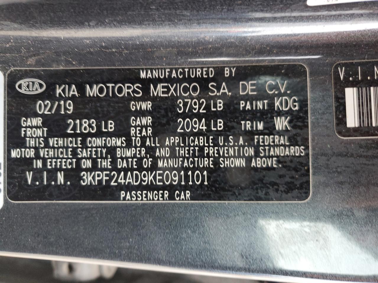 3KPF24AD9KE091101 2019 Kia Forte Fe