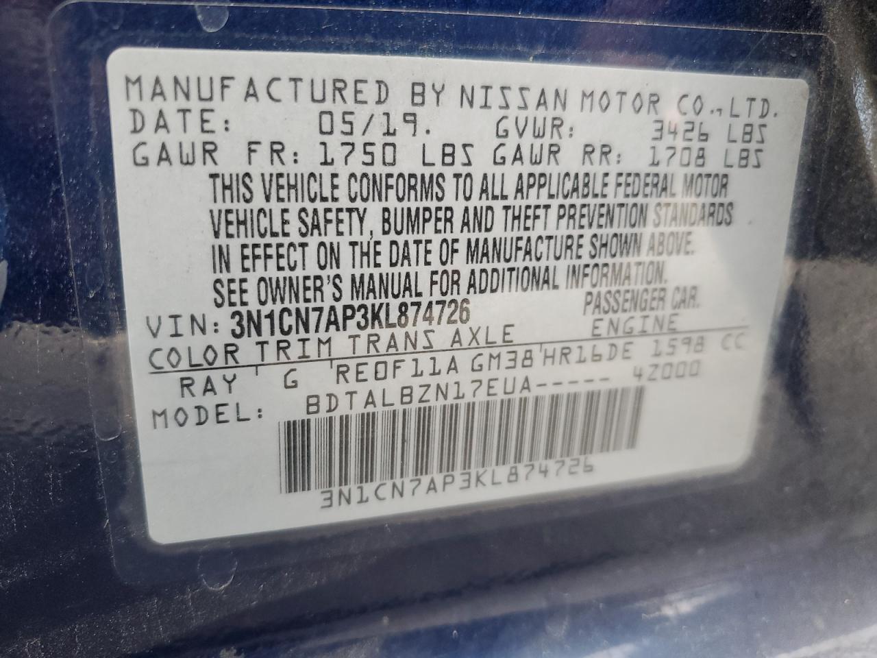 3N1CN7AP3KL874726 2019 Nissan Versa S