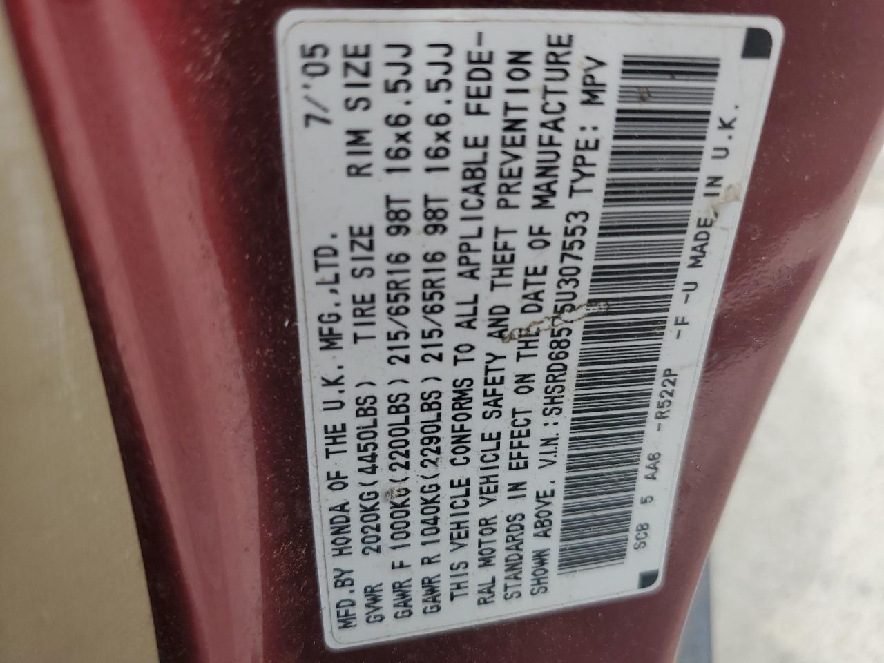 SHSRD68575U307553 2005 Honda Cr-V Lx